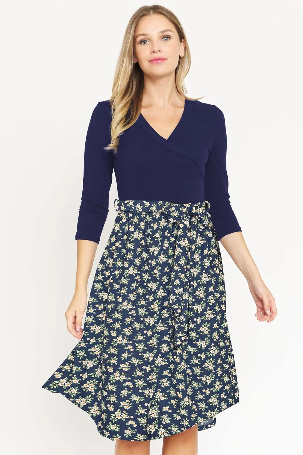 Eloges Women's 3/4 Sleeve Surplice Midi Dress with Sash