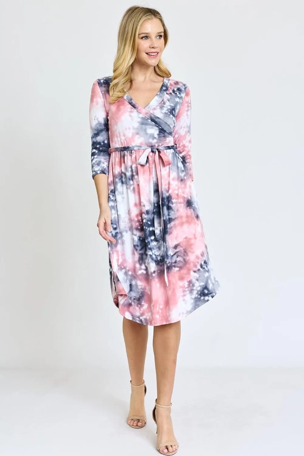 Eloges Women's 3/4 Sleeve Surplice Midi Dress with Sash