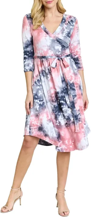 Eloges Women's 3/4 Sleeve Surplice Midi Dress with Sash