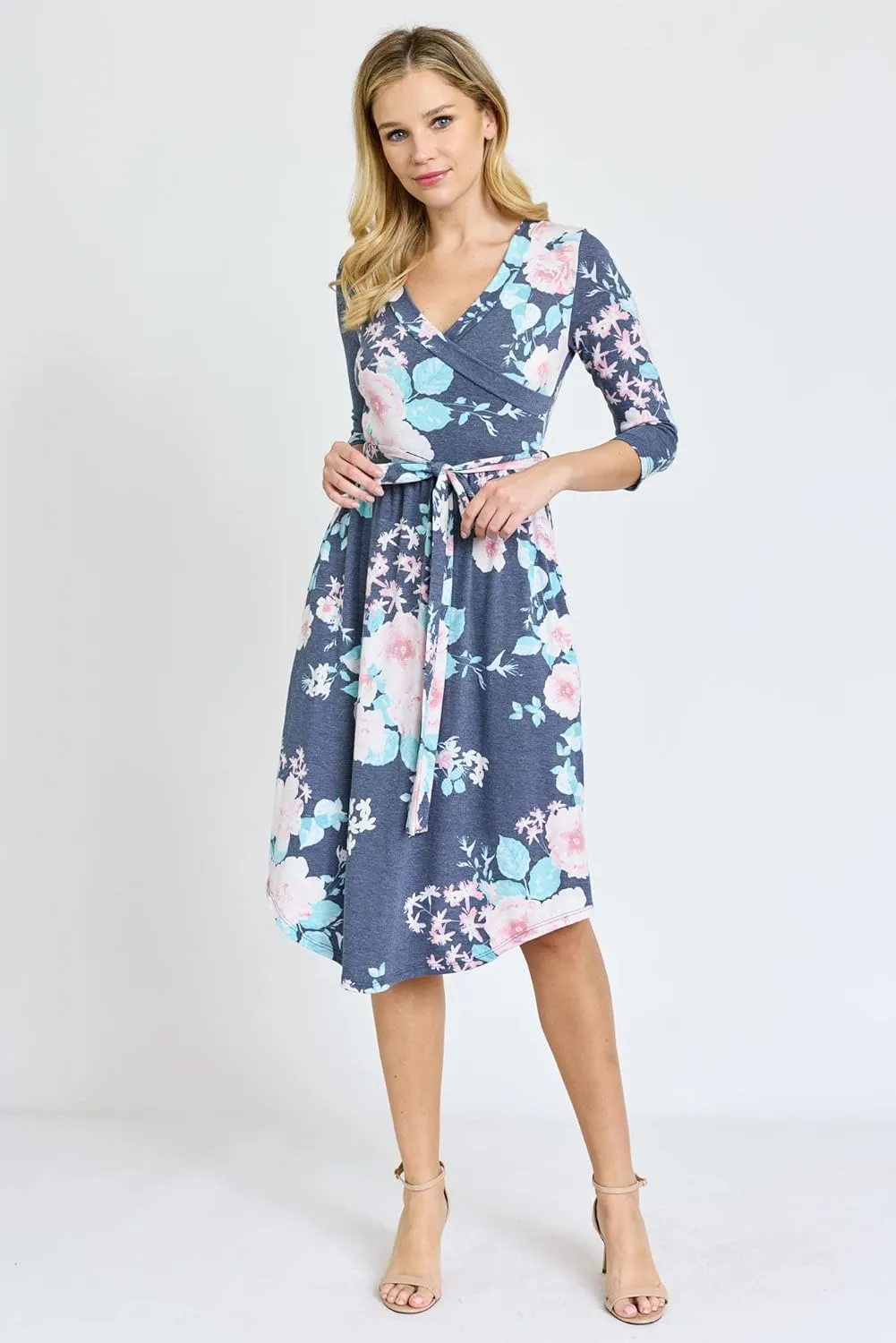 Eloges Women's 3/4 Sleeve Surplice Midi Dress with Sash