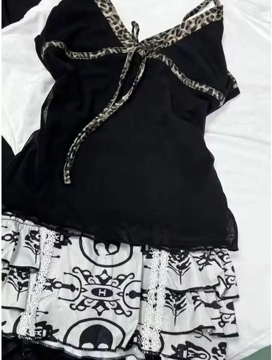 Emo Coquette Cropped Top Grunge 2000s Spaghetti Strap Tops Streetwear Vintage Camisole Y2k Cheetah Tops