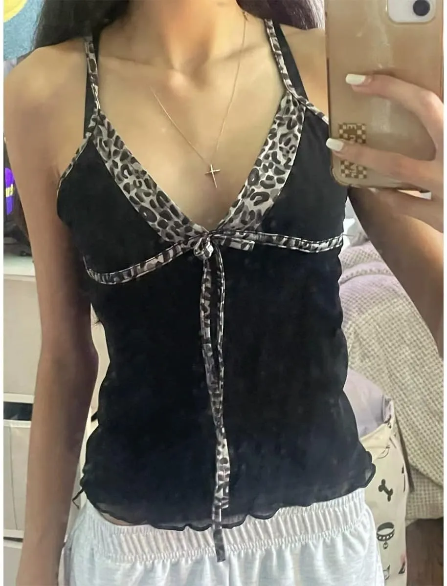 Emo Coquette Cropped Top Grunge 2000s Spaghetti Strap Tops Streetwear Vintage Camisole Y2k Cheetah Tops