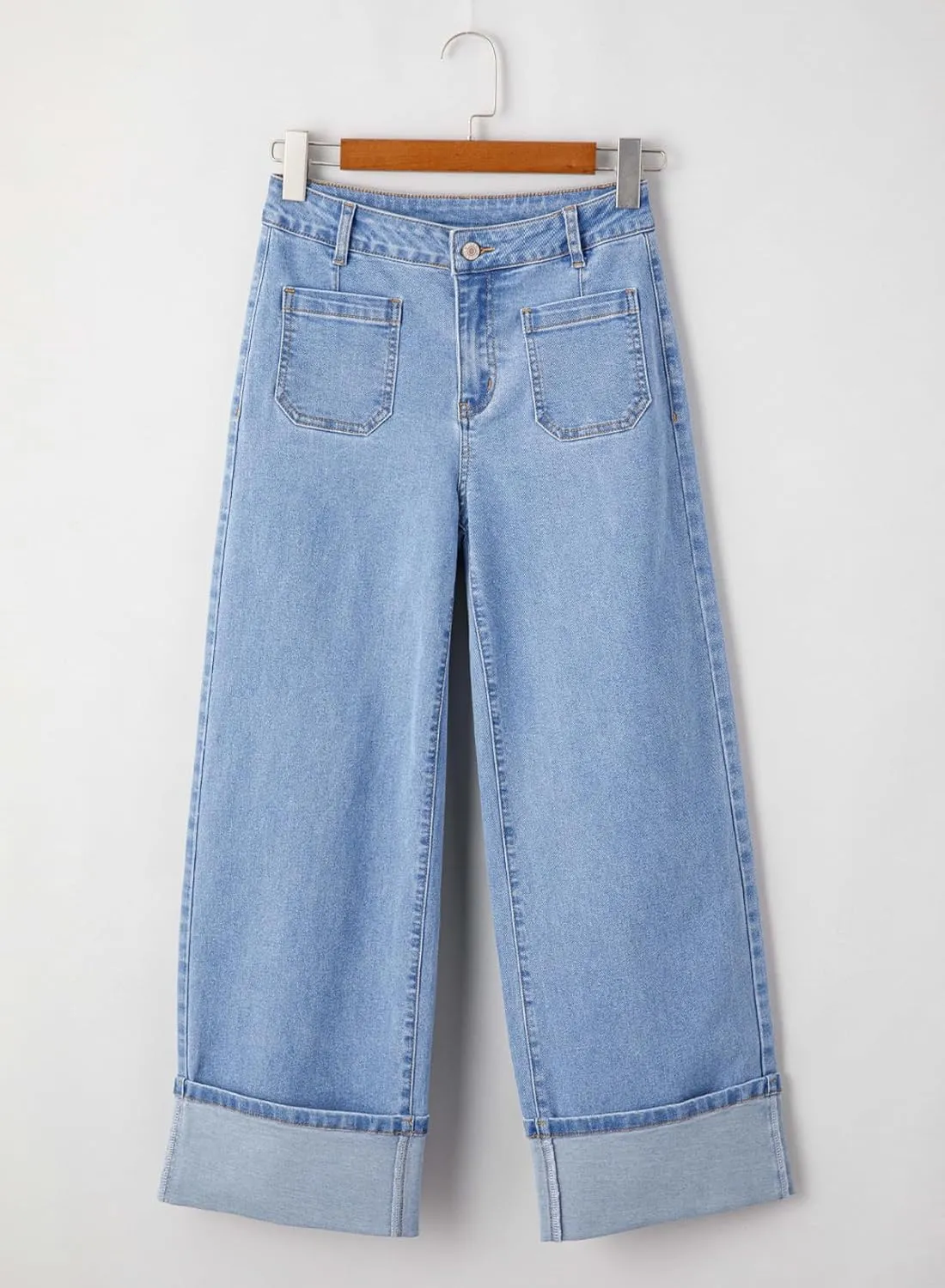 EVALESS Womens Jeans High Waisted Stretchy Cuffed Wide Leg Denim Pants with Pockets