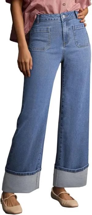 EVALESS Womens Jeans High Waisted Stretchy Cuffed Wide Leg Denim Pants with Pockets