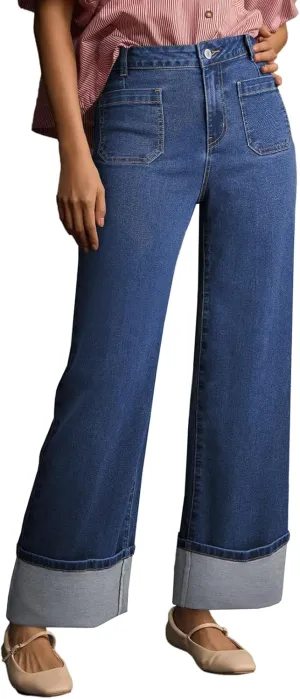 EVALESS Womens Jeans High Waisted Stretchy Cuffed Wide Leg Denim Pants with Pockets