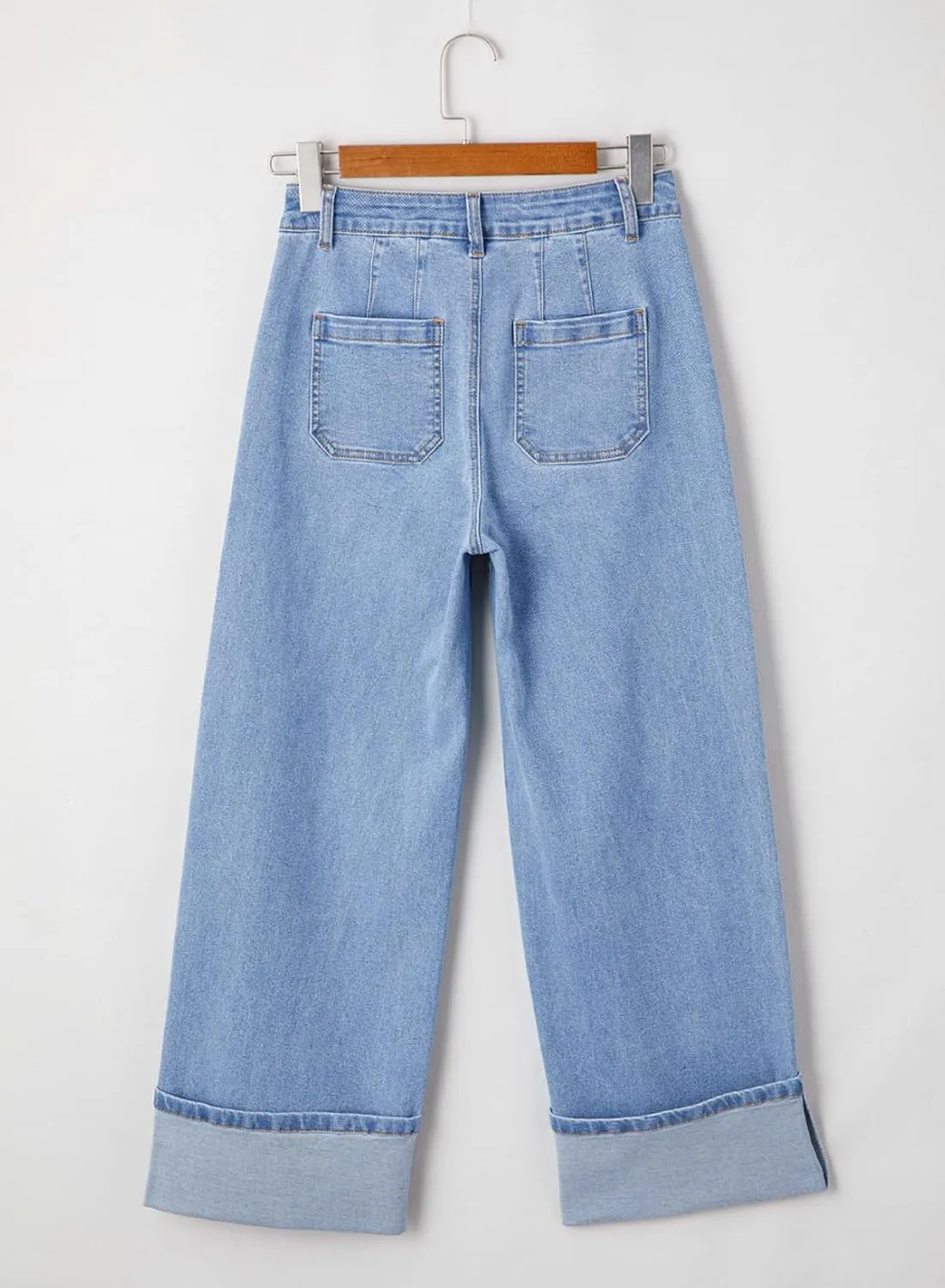 EVALESS Womens Jeans High Waisted Stretchy Cuffed Wide Leg Denim Pants with Pockets