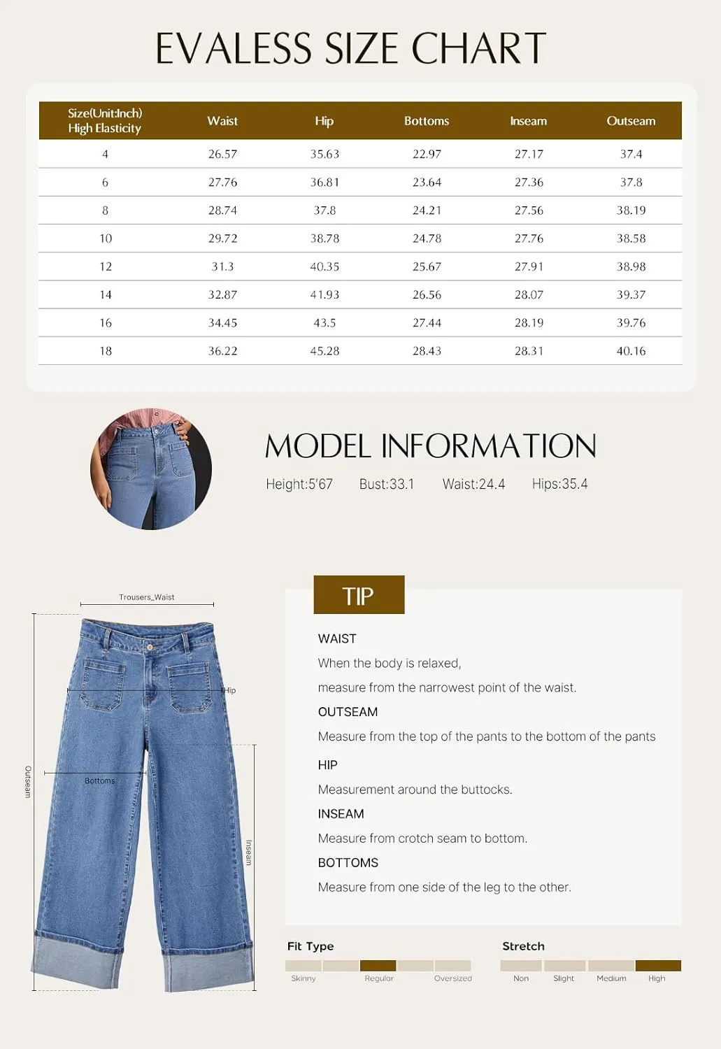 EVALESS Womens Jeans High Waisted Stretchy Cuffed Wide Leg Denim Pants with Pockets