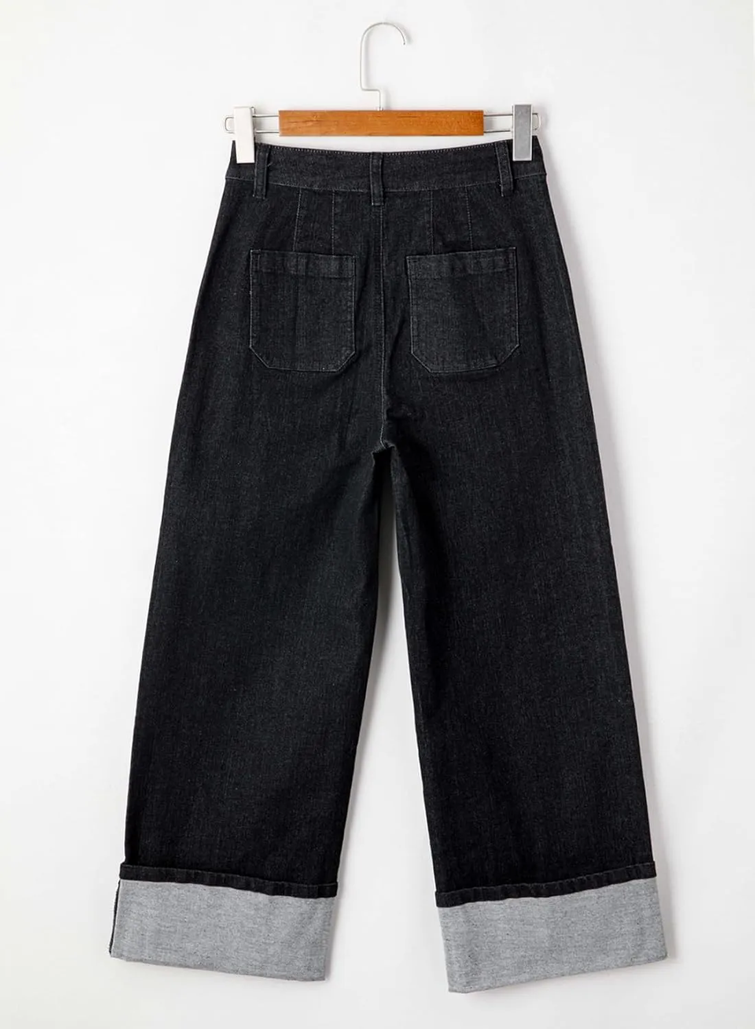 EVALESS Womens Jeans High Waisted Stretchy Cuffed Wide Leg Denim Pants with Pockets