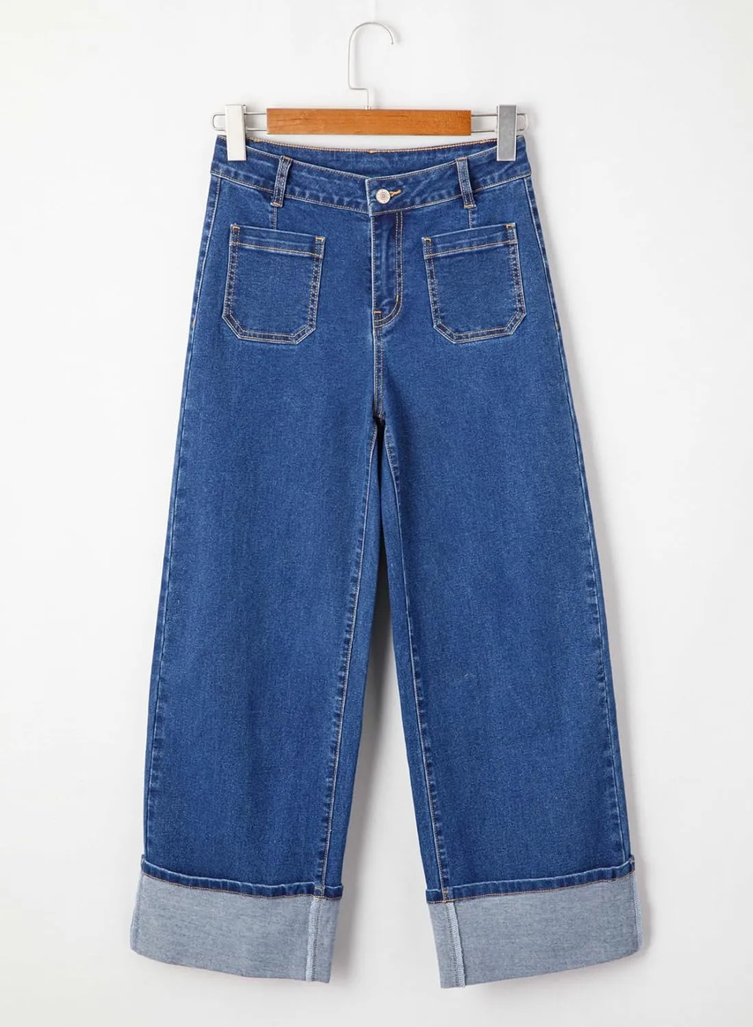 EVALESS Womens Jeans High Waisted Stretchy Cuffed Wide Leg Denim Pants with Pockets