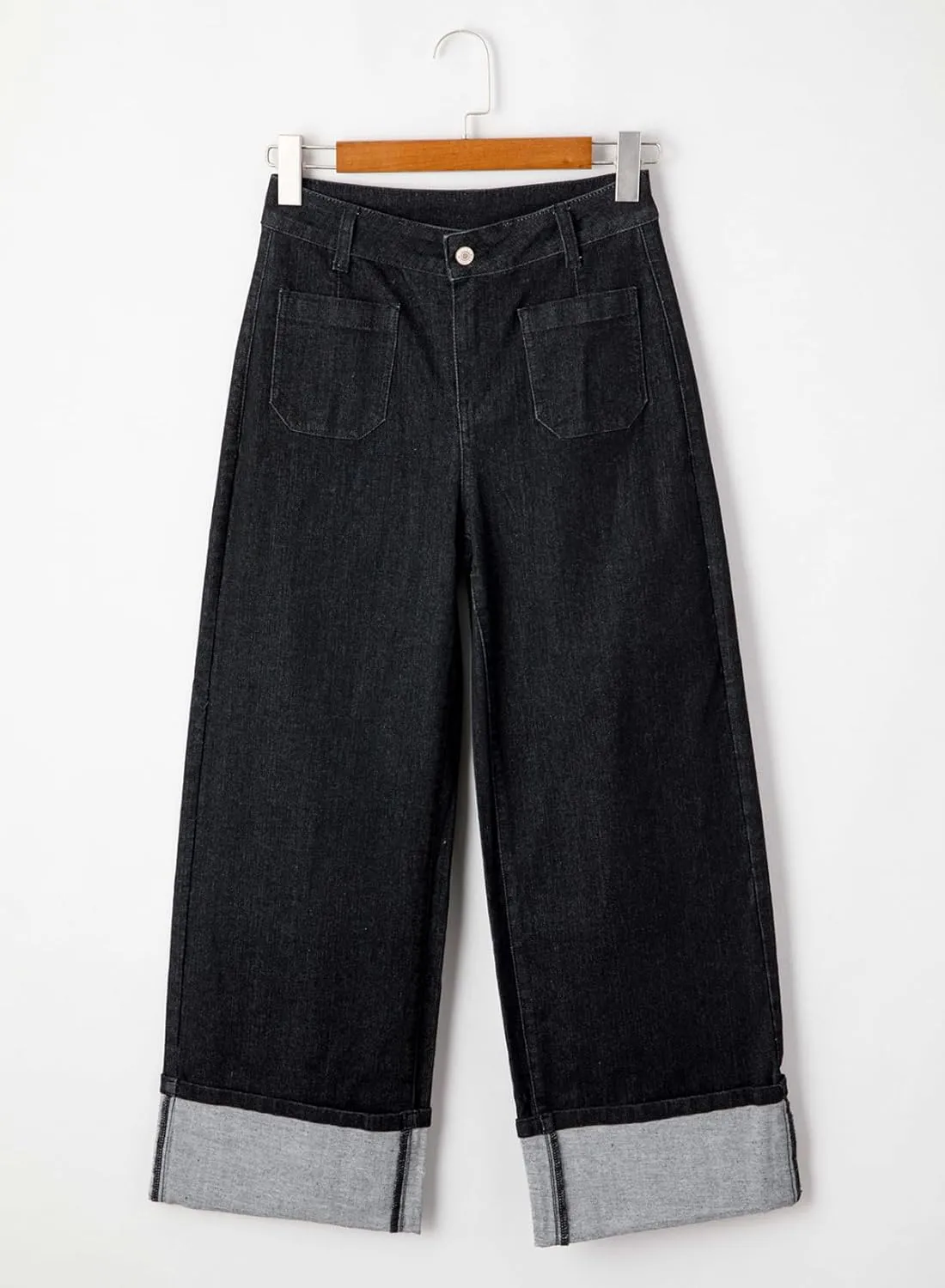 EVALESS Womens Jeans High Waisted Stretchy Cuffed Wide Leg Denim Pants with Pockets