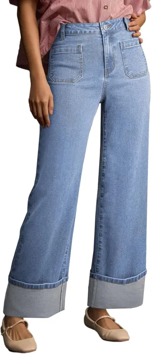 EVALESS Womens Jeans High Waisted Stretchy Cuffed Wide Leg Denim Pants with Pockets