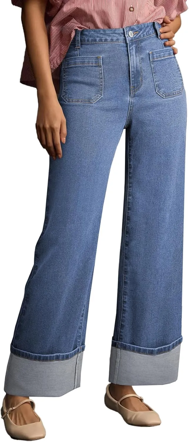 EVALESS Womens Jeans High Waisted Stretchy Cuffed Wide Leg Denim Pants with Pockets