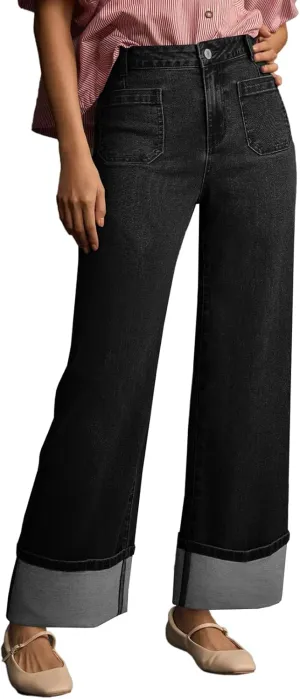 EVALESS Womens Jeans High Waisted Stretchy Cuffed Wide Leg Denim Pants with Pockets