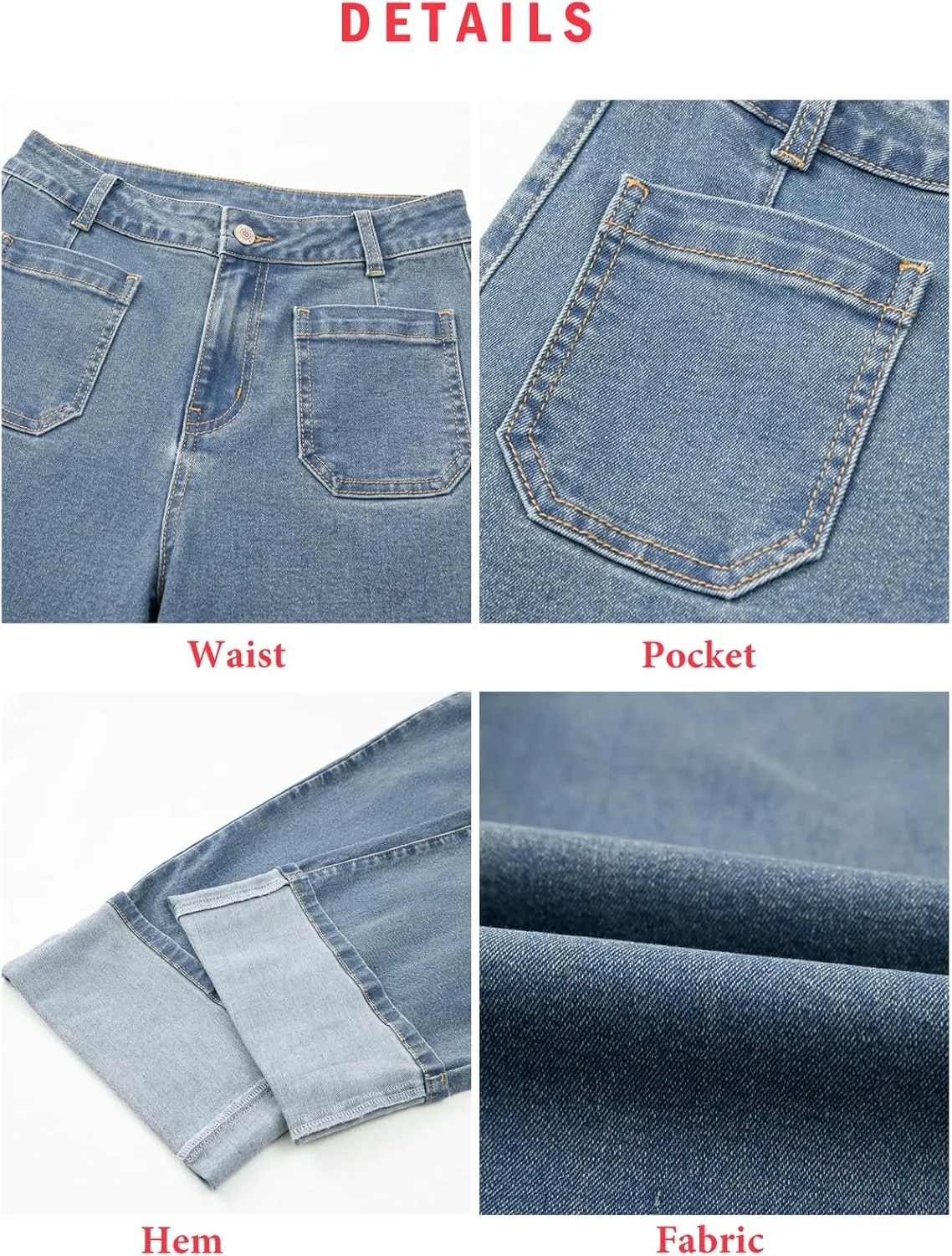 EVALESS Womens Jeans High Waisted Stretchy Cuffed Wide Leg Denim Pants with Pockets