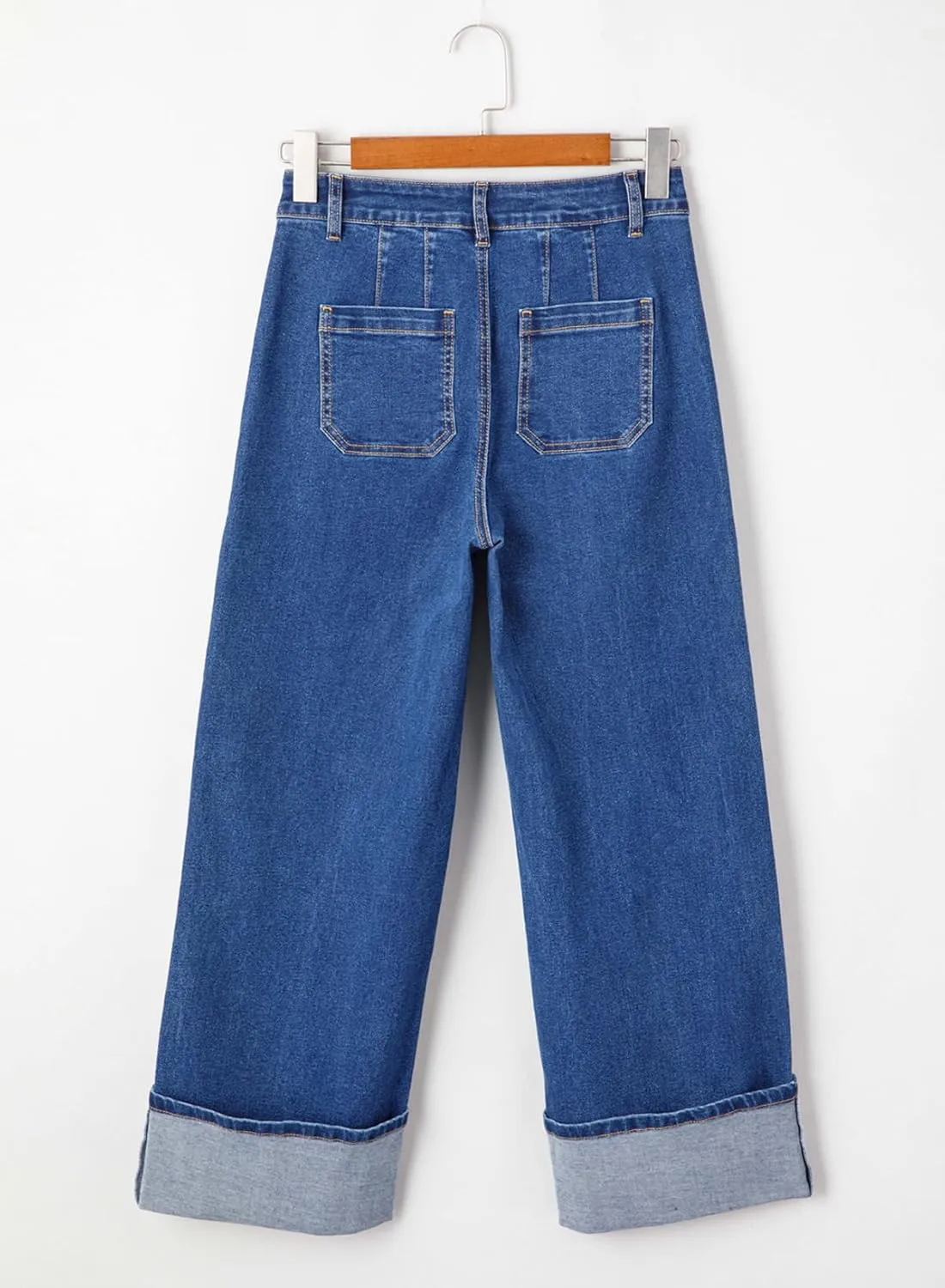 EVALESS Womens Jeans High Waisted Stretchy Cuffed Wide Leg Denim Pants with Pockets