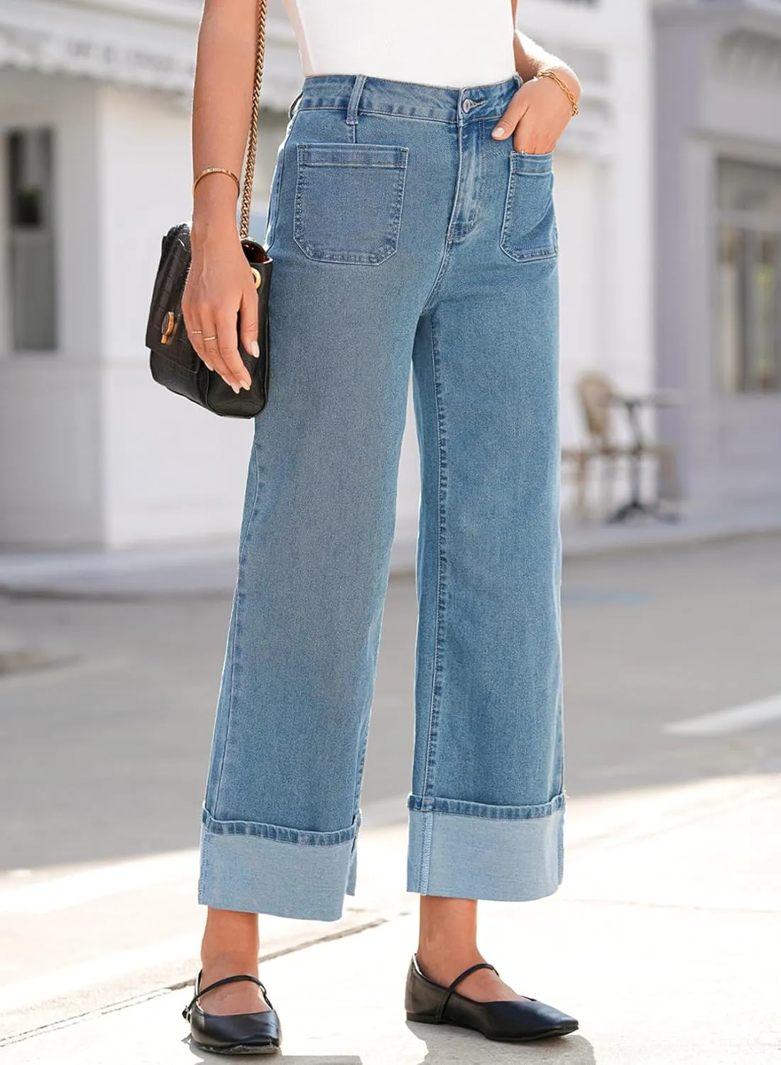 EVALESS Womens Jeans High Waisted Stretchy Cuffed Wide Leg Denim Pants with Pockets