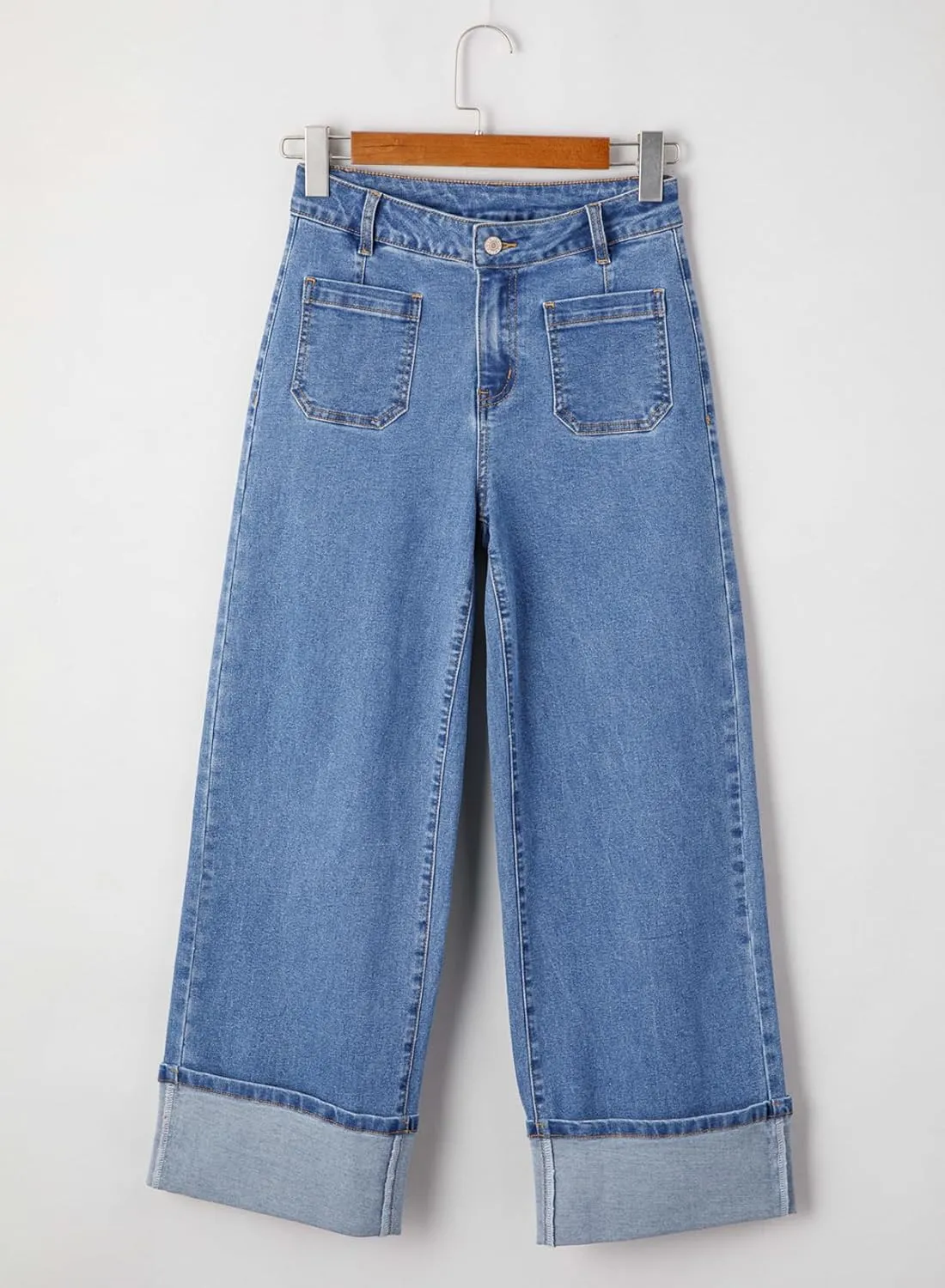 EVALESS Womens Jeans High Waisted Stretchy Cuffed Wide Leg Denim Pants with Pockets