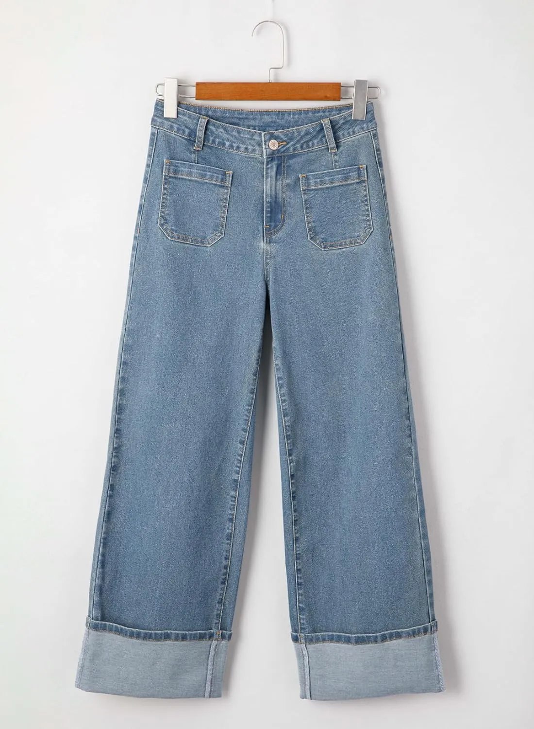 EVALESS Womens Jeans High Waisted Stretchy Cuffed Wide Leg Denim Pants with Pockets