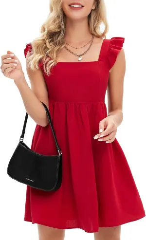 EXLURA Women's Summer Square Neck Sleeveless Casual Boho Ruffle Dress 2025 Backless Beach Teen Sundresses with Pockets