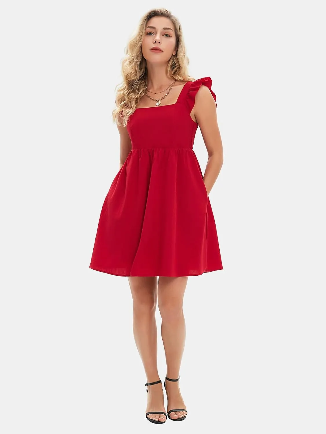 EXLURA Women's Summer Square Neck Sleeveless Casual Boho Ruffle Dress 2025 Backless Beach Teen Sundresses with Pockets
