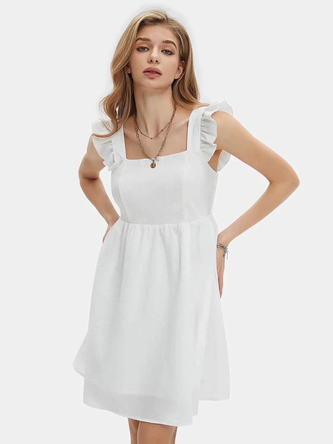 EXLURA Women's Summer Square Neck Sleeveless Casual Boho Ruffle Dress 2025 Backless Beach Teen Sundresses with Pockets
