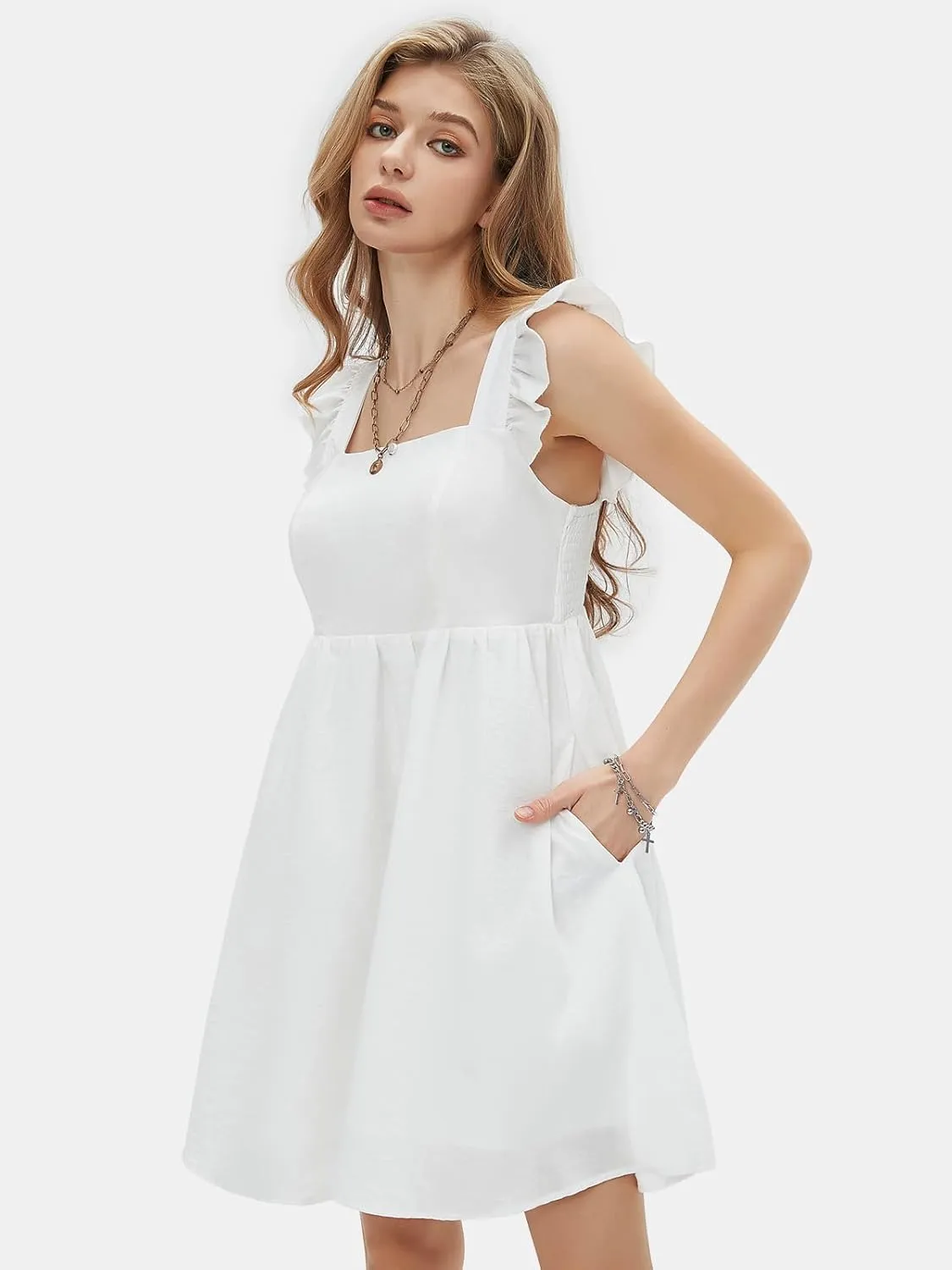 EXLURA Women's Summer Square Neck Sleeveless Casual Boho Ruffle Dress 2025 Backless Beach Teen Sundresses with Pockets