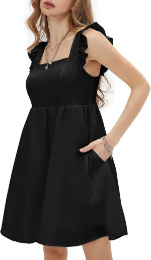 EXLURA Women's Summer Square Neck Sleeveless Casual Boho Ruffle Dress 2025 Backless Beach Teen Sundresses with Pockets