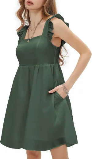 EXLURA Women's Summer Square Neck Sleeveless Casual Boho Ruffle Dress 2025 Backless Beach Teen Sundresses with Pockets