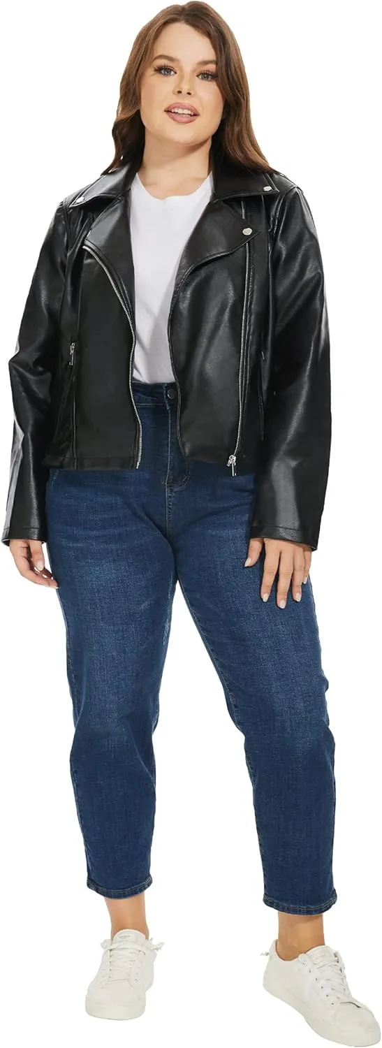 Fahsyee Women's Faux Leather Jackets, Zip Up Motorcycle Short PU Moto Biker Outwear Fitted Plus Size Coat