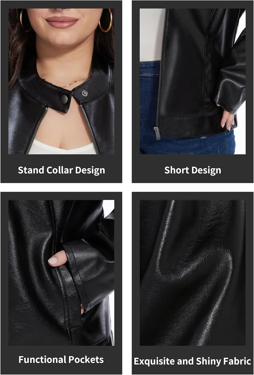 Fahsyee Women's Faux Leather Jackets, Zip Up Motorcycle Short PU Moto Biker Outwear Fitted Plus Size Coat