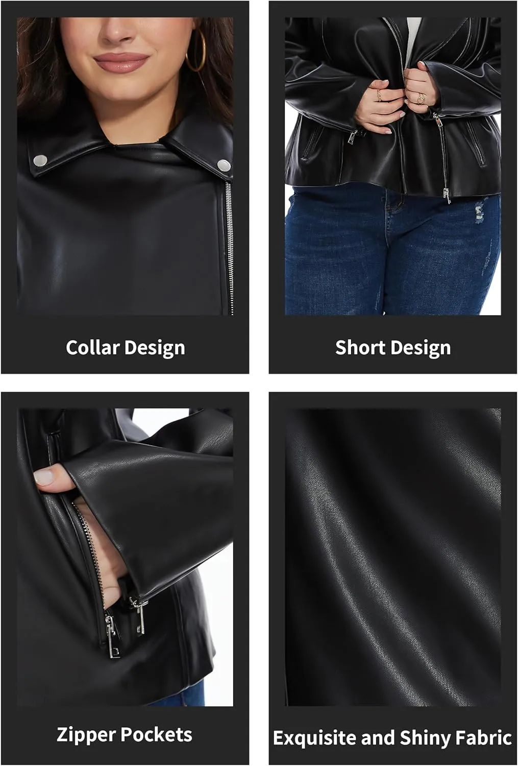Fahsyee Women's Faux Leather Jackets, Zip Up Motorcycle Short PU Moto Biker Outwear Fitted Plus Size Coat