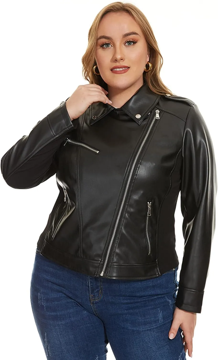 Fahsyee Women's Faux Leather Jackets, Zip Up Motorcycle Short PU Moto Biker Outwear Fitted Plus Size Coat