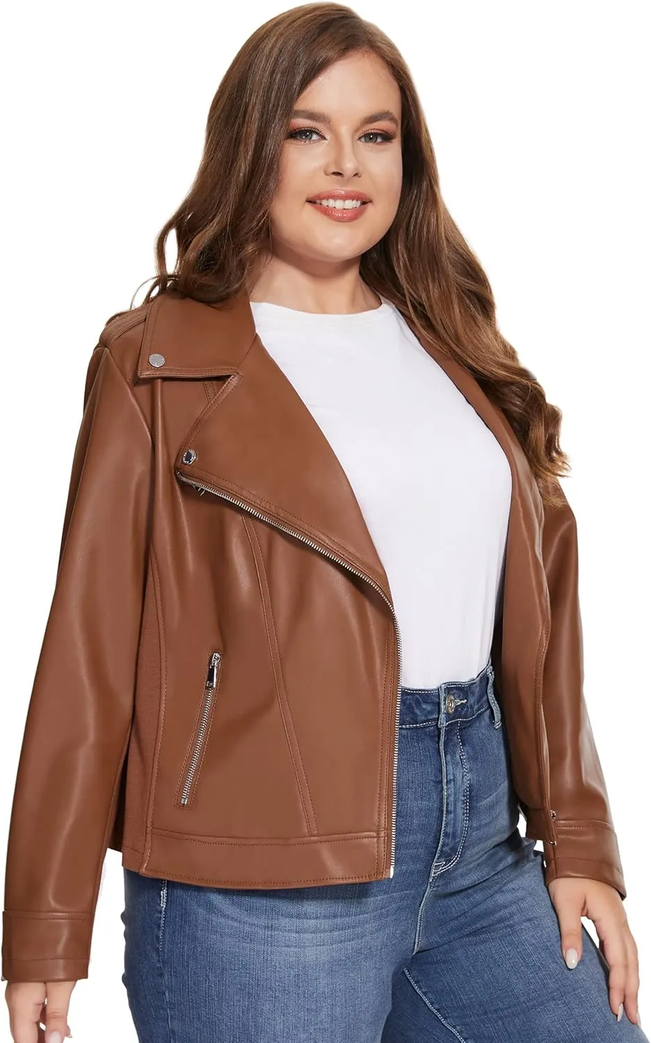 Fahsyee Women's Faux Leather Jackets, Zip Up Motorcycle Short PU Moto Biker Outwear Fitted Plus Size Coat