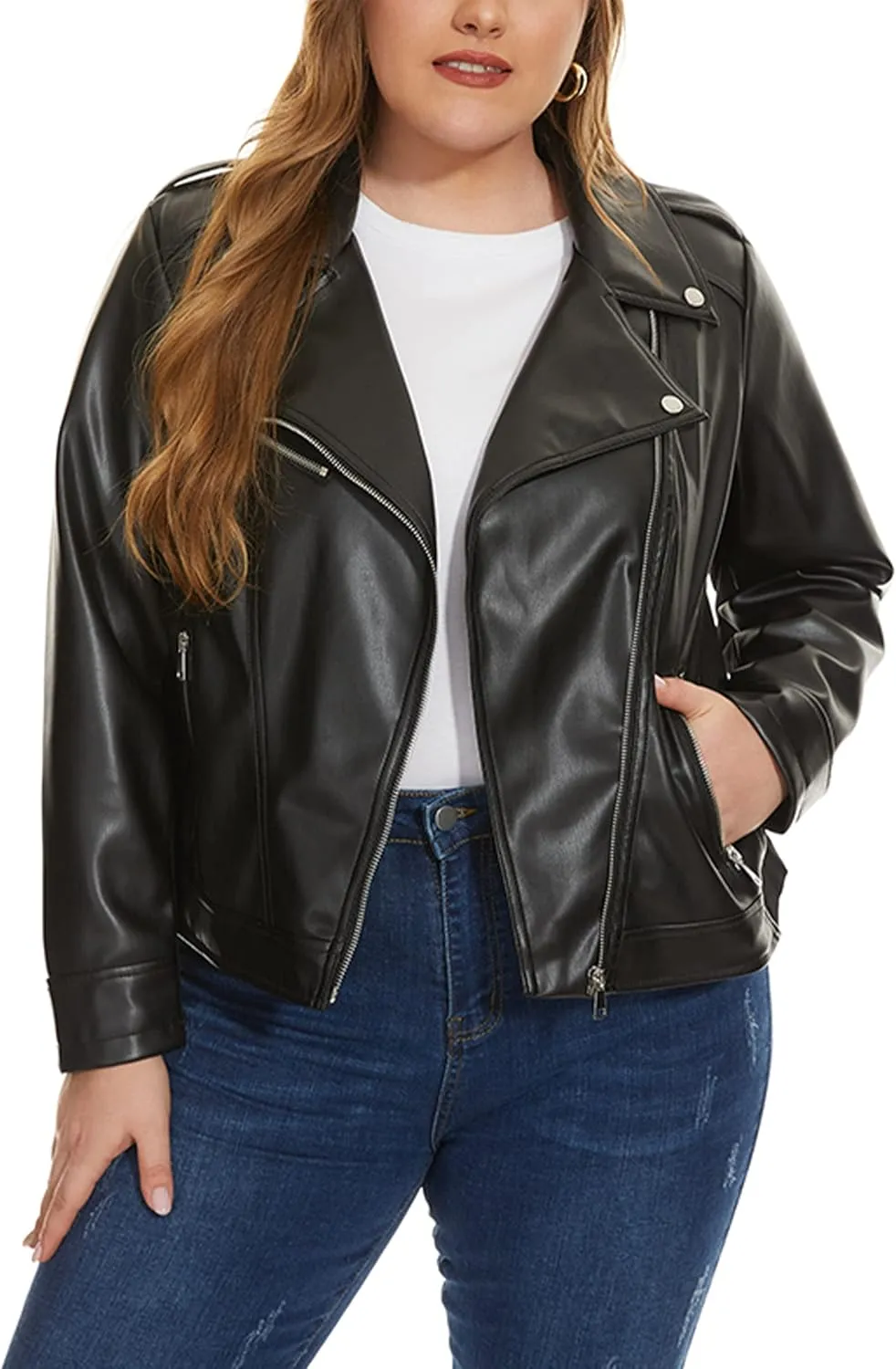 Fahsyee Women's Faux Leather Jackets, Zip Up Motorcycle Short PU Moto Biker Outwear Fitted Plus Size Coat