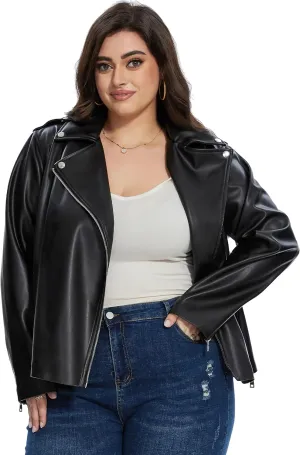 Fahsyee Women's Faux Leather Jackets, Zip Up Motorcycle Short PU Moto Biker Outwear Fitted Plus Size Coat