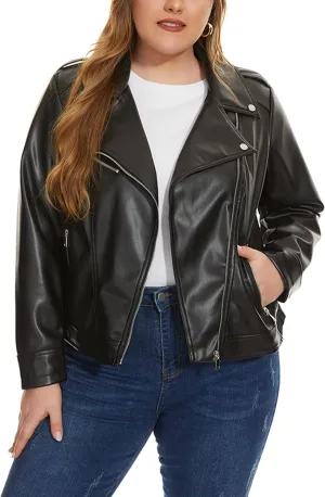 Fahsyee Women's Faux Leather Jackets, Zip Up Motorcycle Short PU Moto Biker Outwear Fitted Plus Size Coat