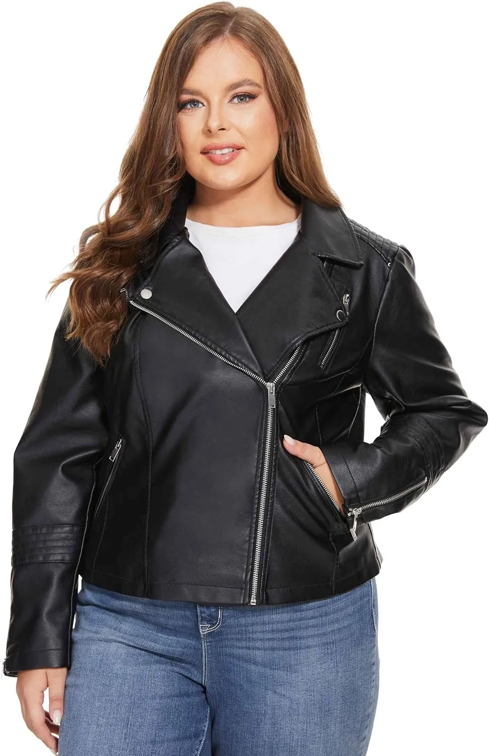 Fahsyee Women's Faux Leather Jackets, Zip Up Motorcycle Short PU Moto Biker Outwear Fitted Plus Size Coat