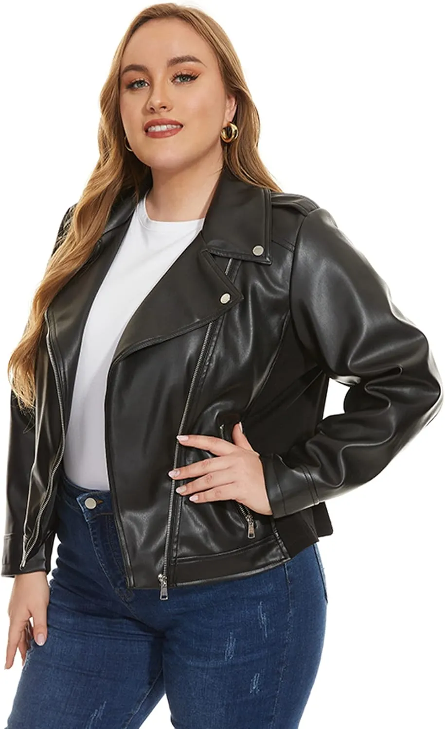 Fahsyee Women's Faux Leather Jackets, Zip Up Motorcycle Short PU Moto Biker Outwear Fitted Plus Size Coat