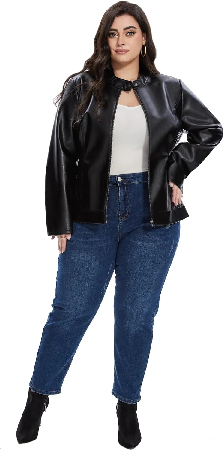 Fahsyee Women's Faux Leather Jackets, Zip Up Motorcycle Short PU Moto Biker Outwear Fitted Plus Size Coat