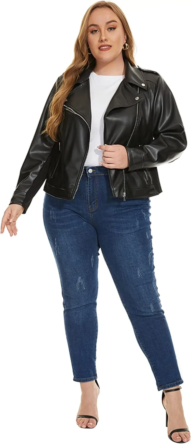 Fahsyee Women's Faux Leather Jackets, Zip Up Motorcycle Short PU Moto Biker Outwear Fitted Plus Size Coat