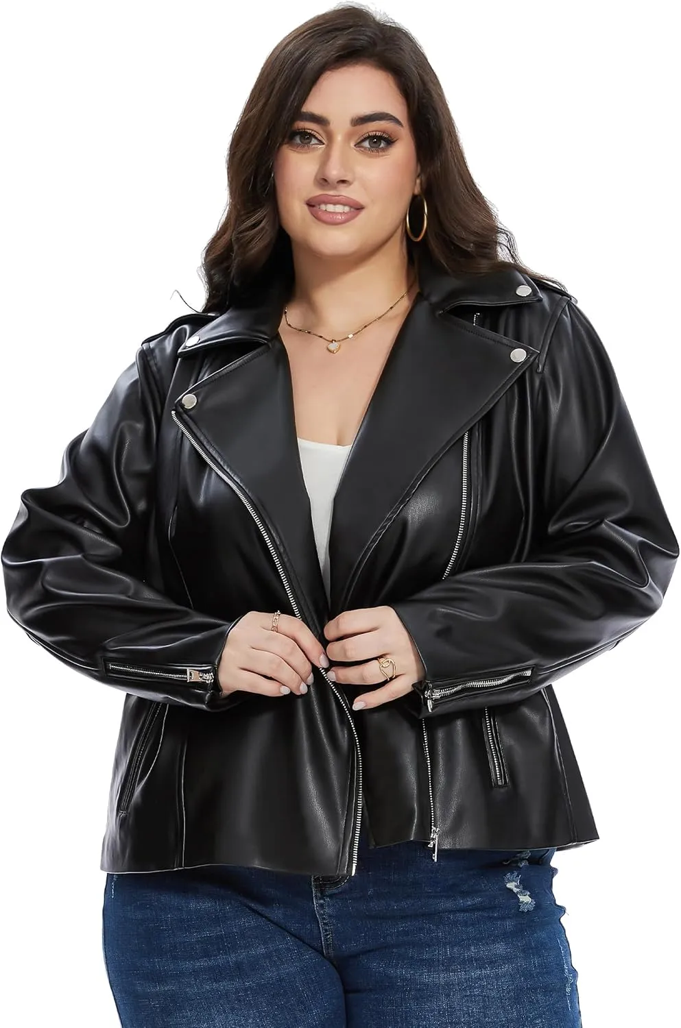 Fahsyee Women's Faux Leather Jackets, Zip Up Motorcycle Short PU Moto Biker Outwear Fitted Plus Size Coat