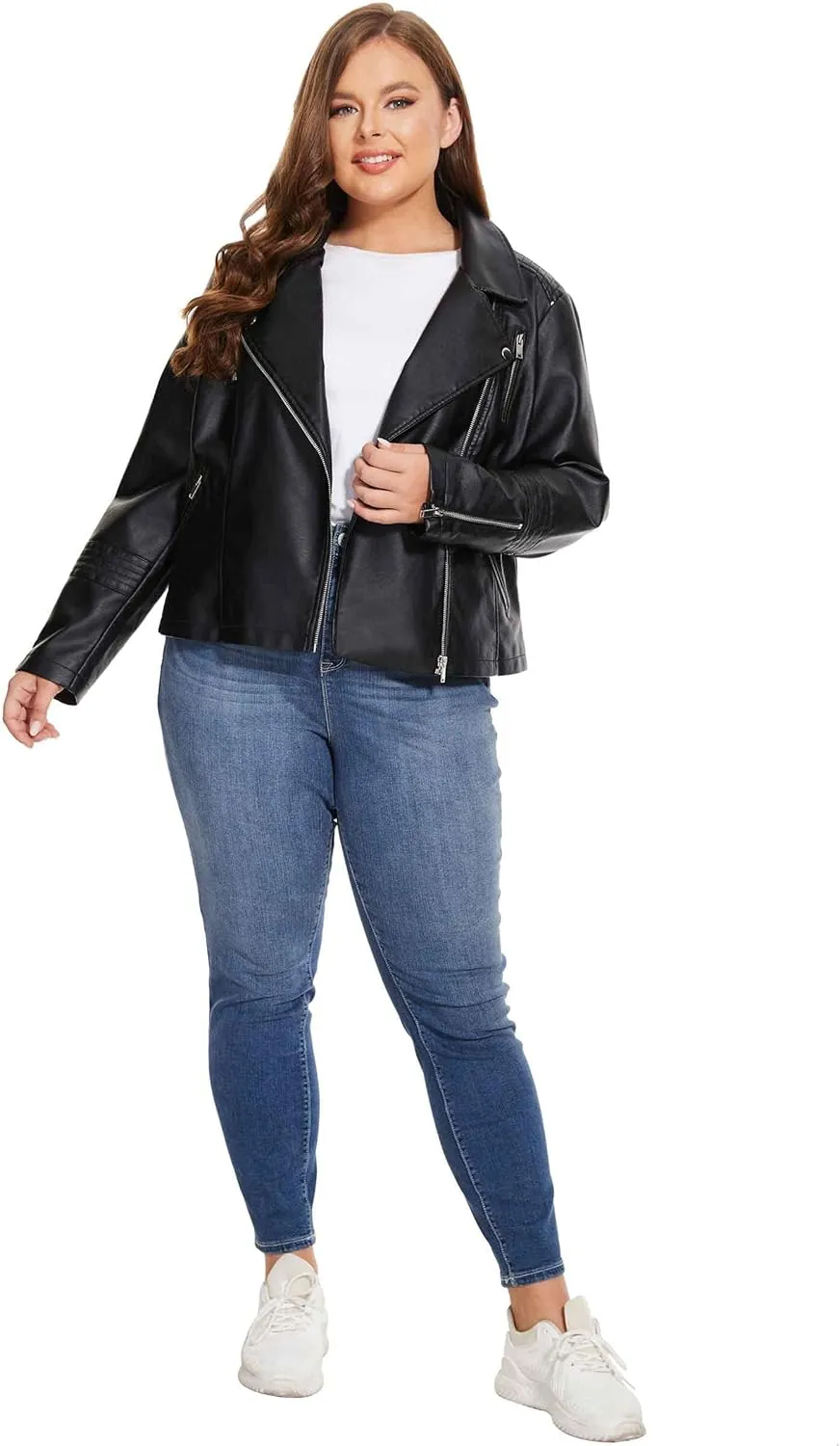 Fahsyee Women's Faux Leather Jackets, Zip Up Motorcycle Short PU Moto Biker Outwear Fitted Plus Size Coat