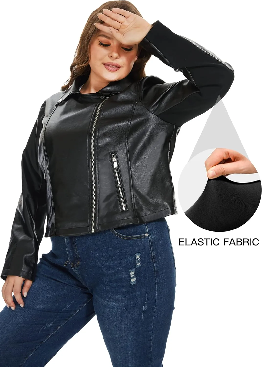 Fahsyee Women's Faux Leather Jackets, Zip Up Motorcycle Short PU Moto Biker Outwear Fitted Plus Size Coat