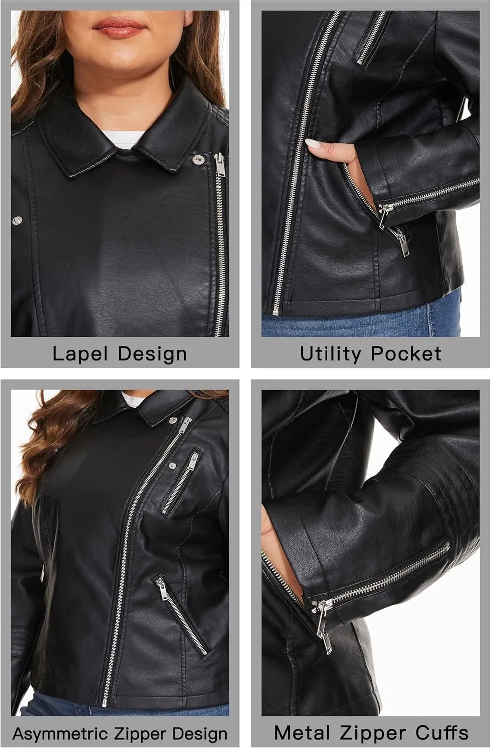 Fahsyee Women's Faux Leather Jackets, Zip Up Motorcycle Short PU Moto Biker Outwear Fitted Plus Size Coat