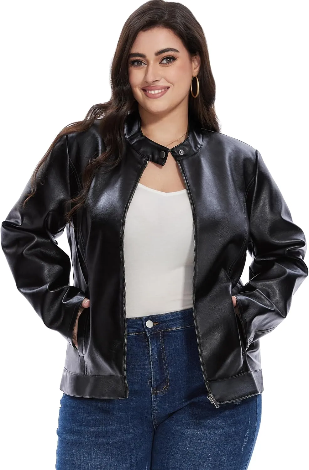 Fahsyee Women's Faux Leather Jackets, Zip Up Motorcycle Short PU Moto Biker Outwear Fitted Plus Size Coat