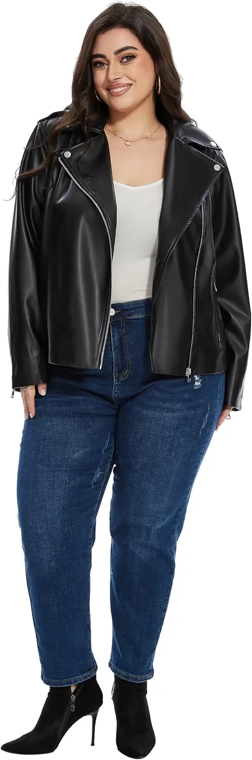 Fahsyee Women's Faux Leather Jackets, Zip Up Motorcycle Short PU Moto Biker Outwear Fitted Plus Size Coat