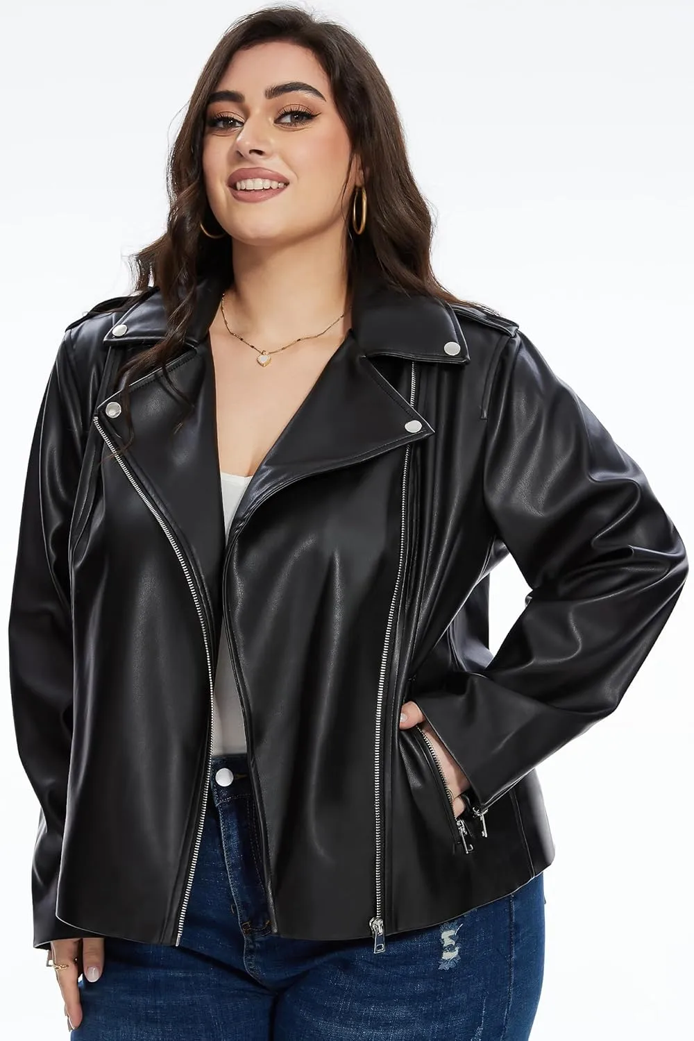 Fahsyee Women's Faux Leather Jackets, Zip Up Motorcycle Short PU Moto Biker Outwear Fitted Plus Size Coat