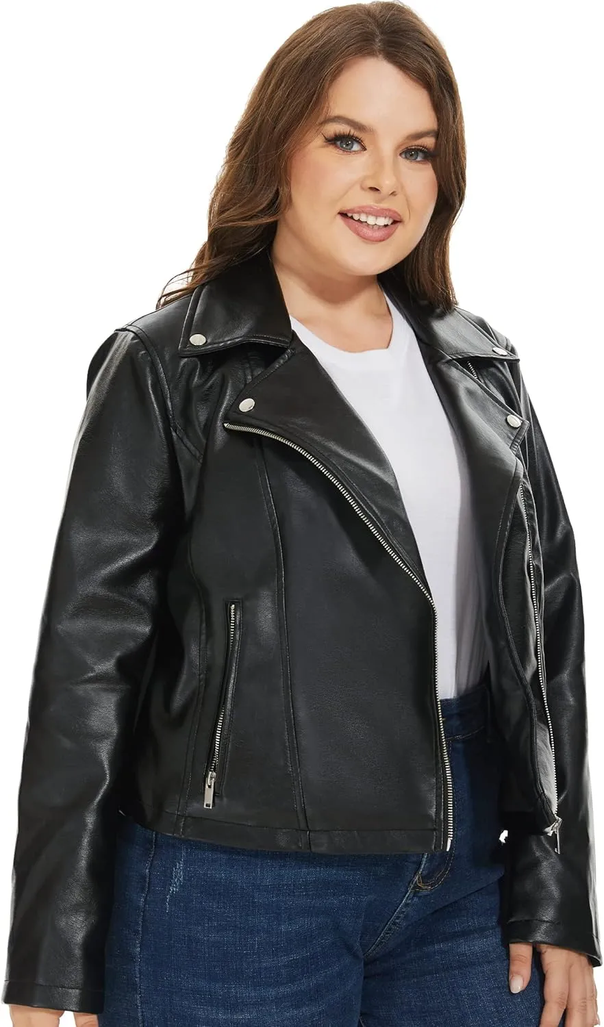 Fahsyee Women's Faux Leather Jackets, Zip Up Motorcycle Short PU Moto Biker Outwear Fitted Plus Size Coat