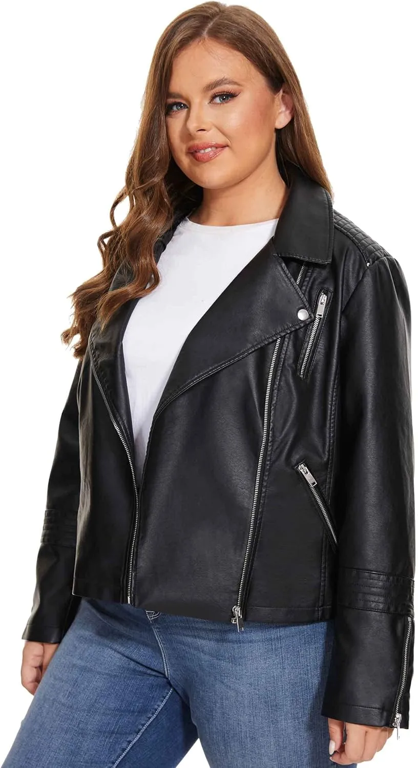 Fahsyee Women's Faux Leather Jackets, Zip Up Motorcycle Short PU Moto Biker Outwear Fitted Plus Size Coat