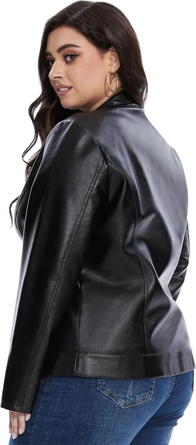 Fahsyee Women's Faux Leather Jackets, Zip Up Motorcycle Short PU Moto Biker Outwear Fitted Plus Size Coat
